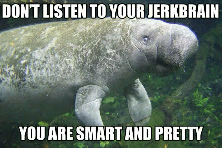 Picture of a manatee swimming with text overlaid reading 'Don't listen to your jerk brain. You are smart and pretty.'