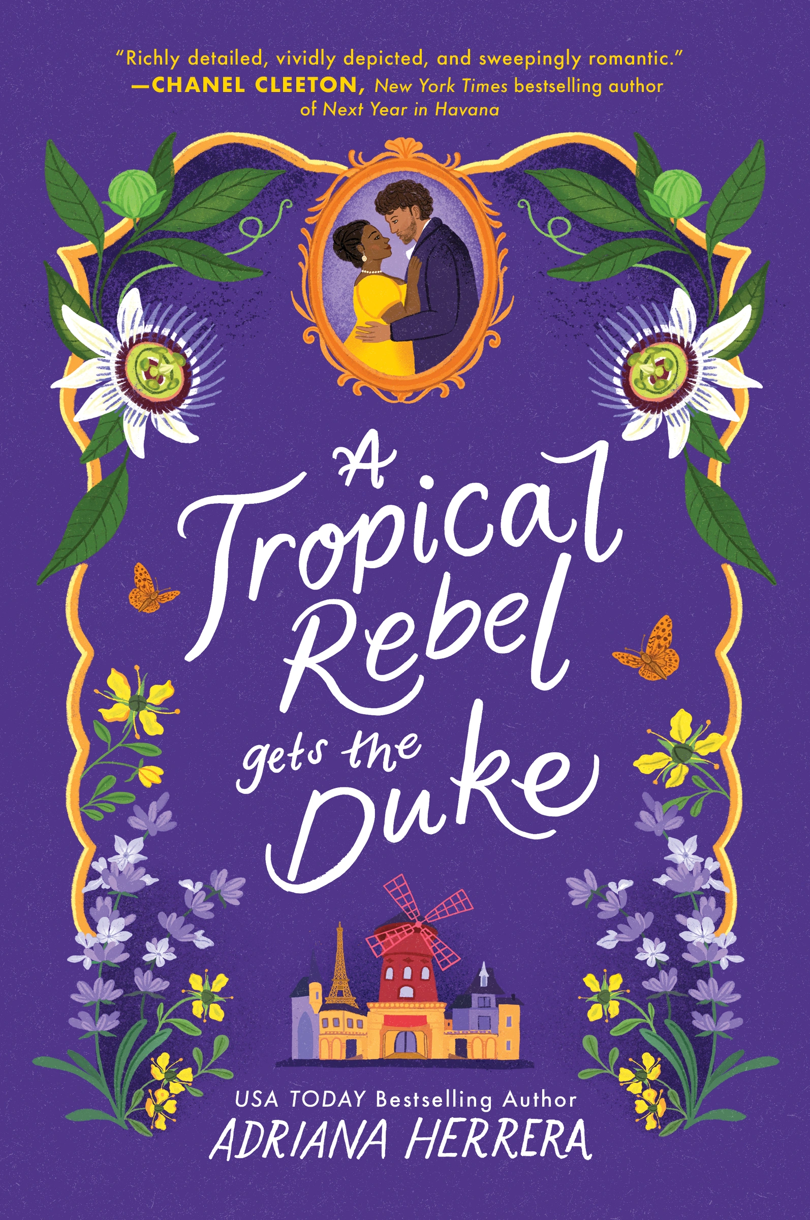 Auto-generated description: A romantic book cover features a couple embracing within a floral and tropical-themed design with the title A Tropical Rebel Gets the Duke by Adriana Herrera.