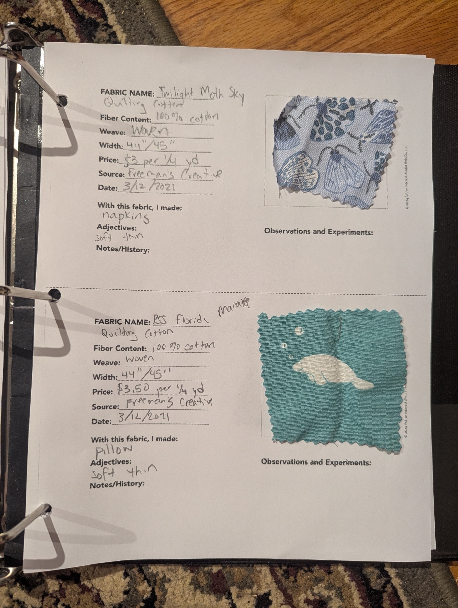 Auto-generated description: A binder page features two fabric samples with hand-written details about the fabric names, fiber content, weaves, dimensions, prices, dates, and observations.