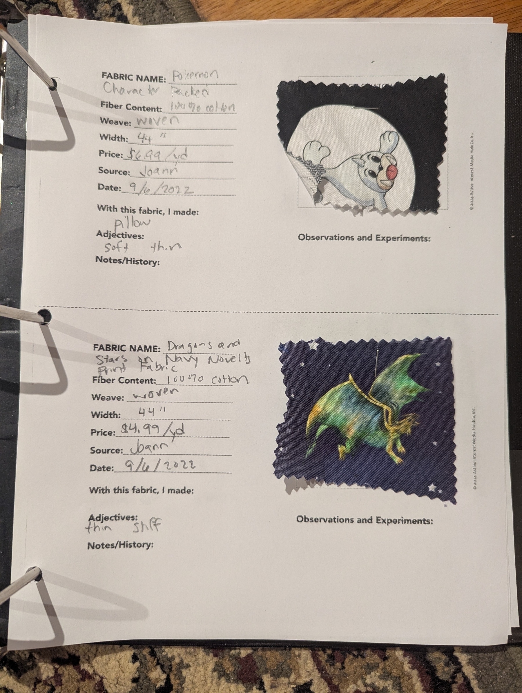 Auto-generated description: A page from a fabric sample book shows designs with illustrations of a Pokémon and dragon, along with fabric details and observations.